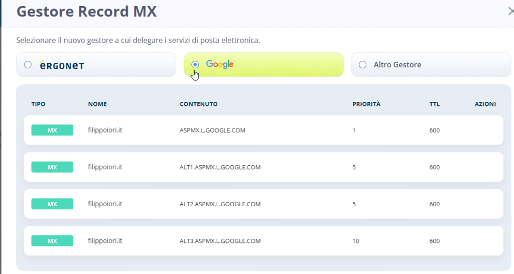 uno screenshot dei record DNS Google dal pannello di controllo di Ergonet