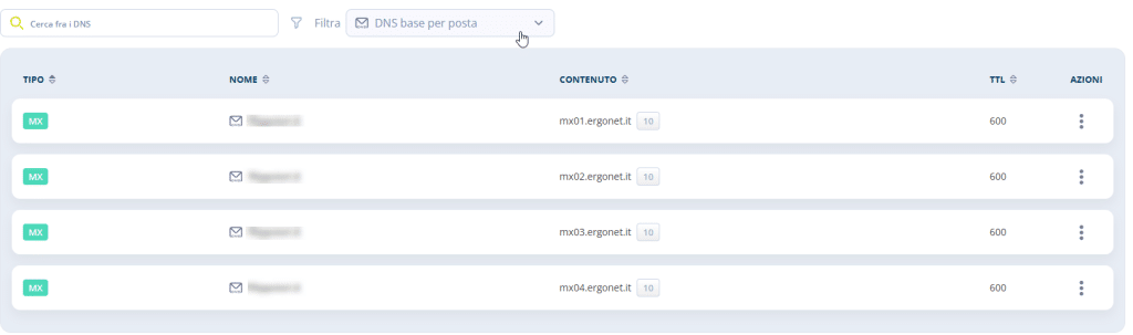uno screenshot dei record di posta dal pannello di controllo di Ergonet