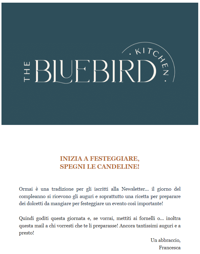 Uno screenshot della newsletter che invia The Bluebird Kitchen per il compleanno dei suoi contatti