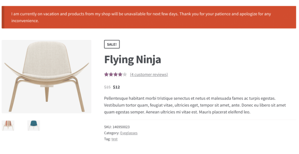 uno screenshot del plugin woo store vacation in uso sul sito, che mostra una barra di avviso dello shop chiuso e nasconde i pulsanti di acquisto