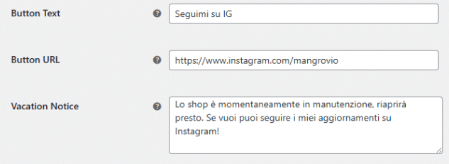 uno screenshot del plugin Woo Store Vacation che mostra le impostazioni per attivare il banner di annuncio e il pulsante con un link